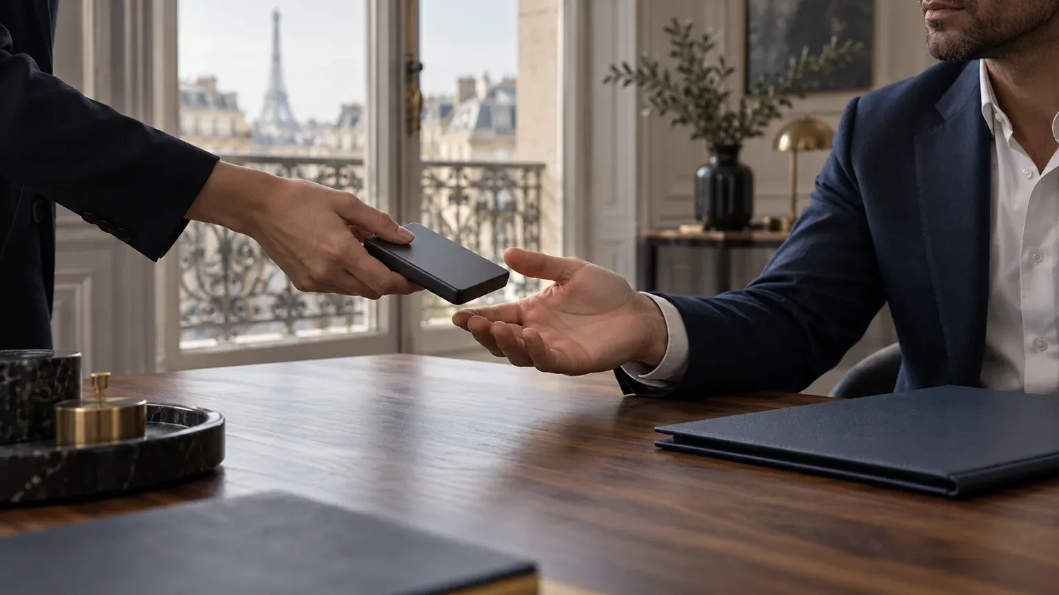 Une main remet un disque externe noir à un dirigeant assis à son bureau, image des fichiers sources que le contrat avec l’agence UX doit céder avec les droits.