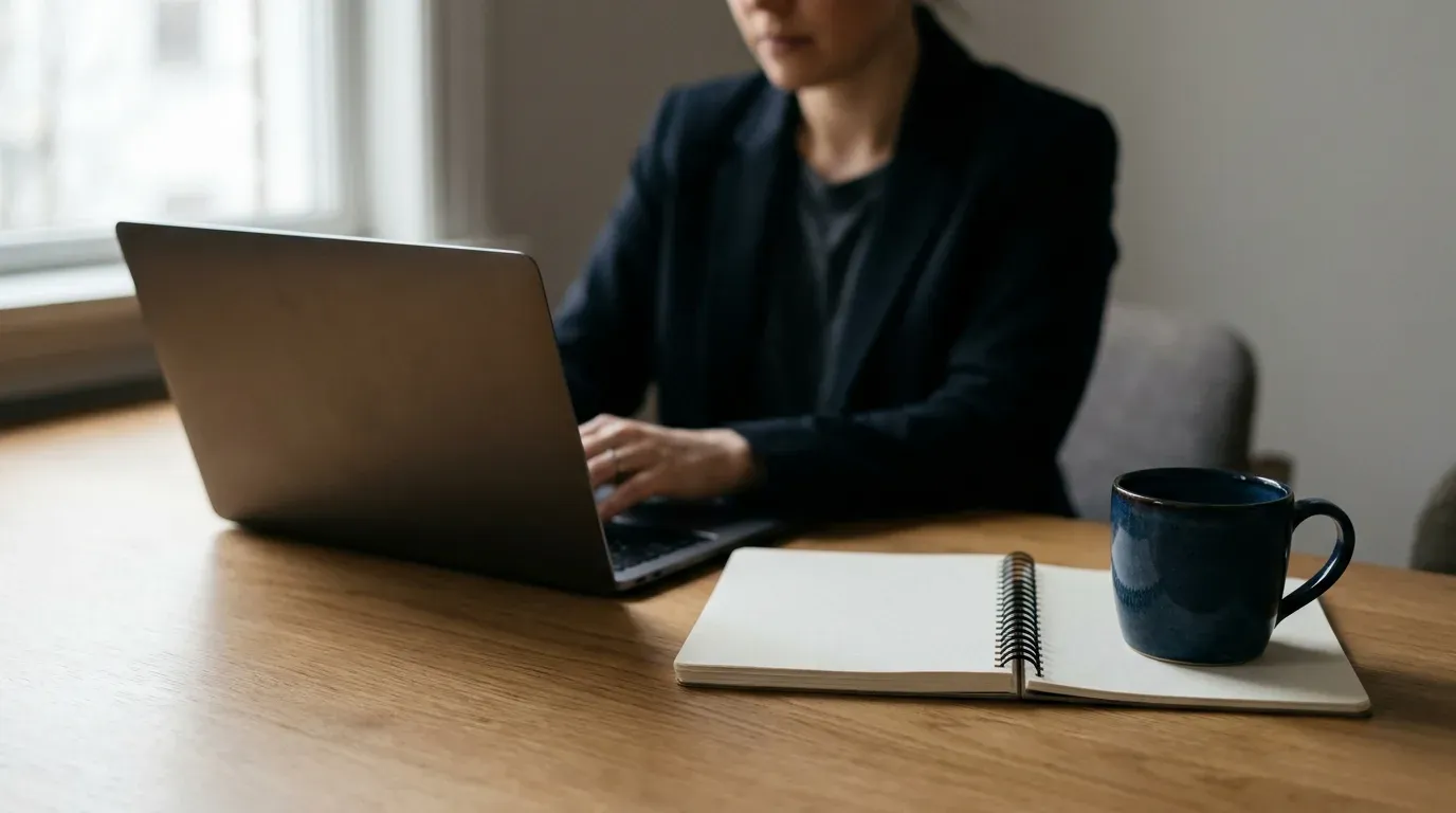 Une professionnelle travaille sur son ordinateur portable a une table en bois, a cote d un carnet ouvert aux pages vierges et d une tasse bleu nuit.