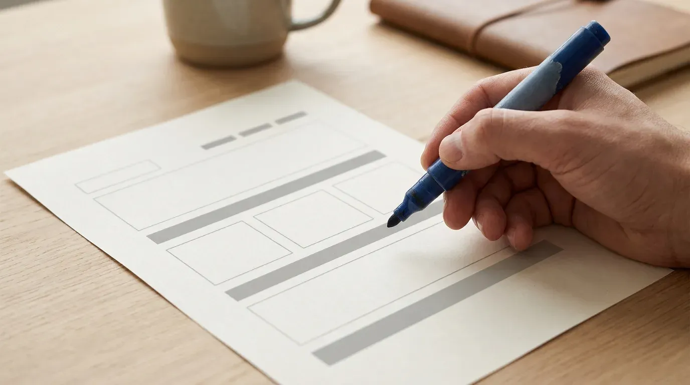 Une main tient un feutre bleu au-dessus d une feuille imprimee d un wireframe de page web, compose uniquement de rectangles vides et de barres grises.