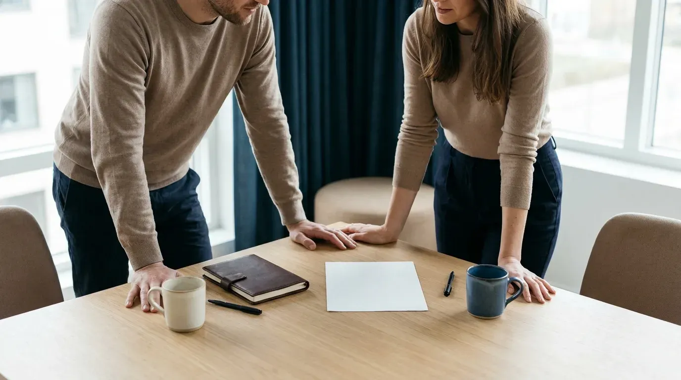 Deux professionnels debout de part et d autre d une table de reunion claire, penches sur une feuille blanche vierge, un carnet ferme et deux tasses.