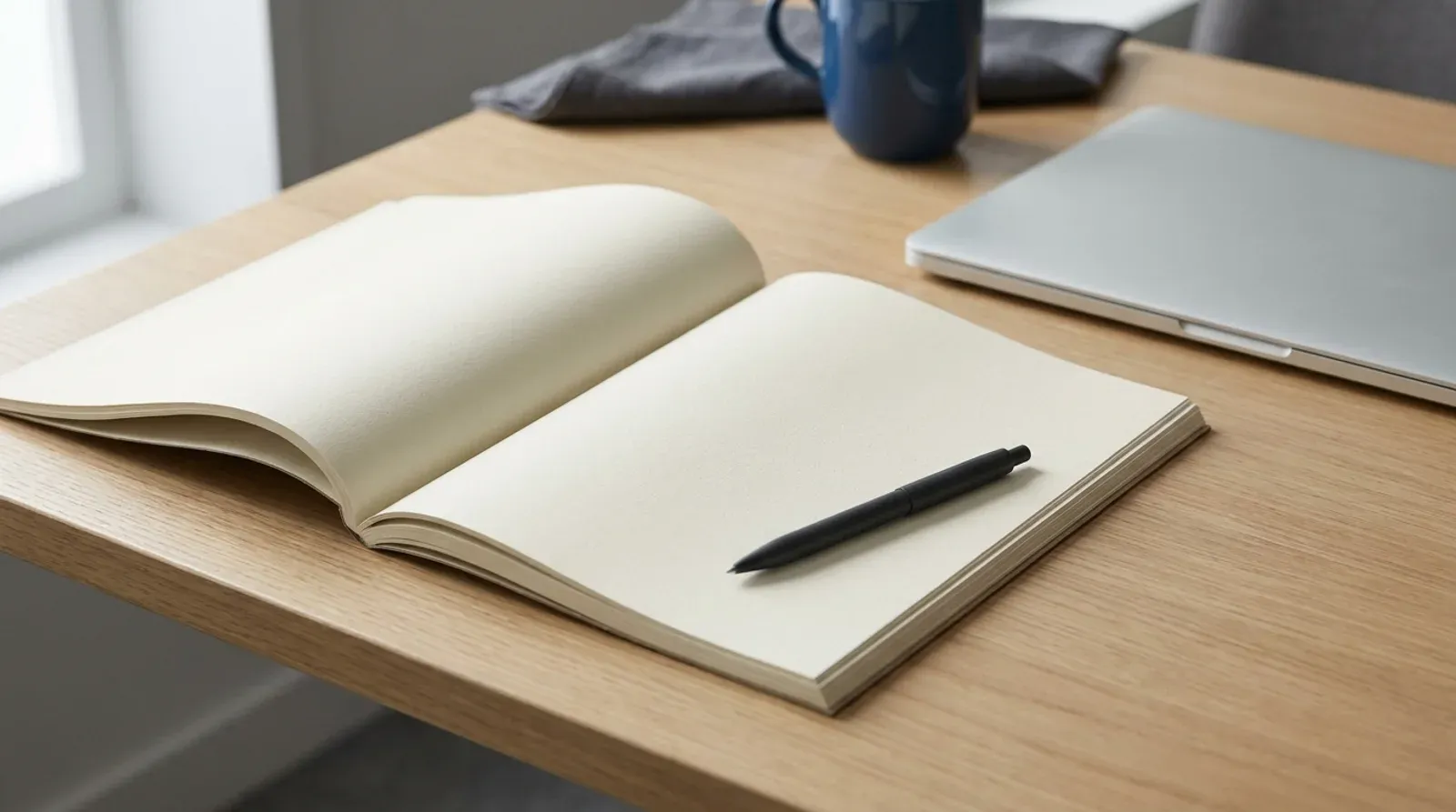 Rapport imprimé ouvert sur des pages vierges, un stylo noir posé dessus, à côté d’un ordinateur portable fermé sur un bureau en bois clair.