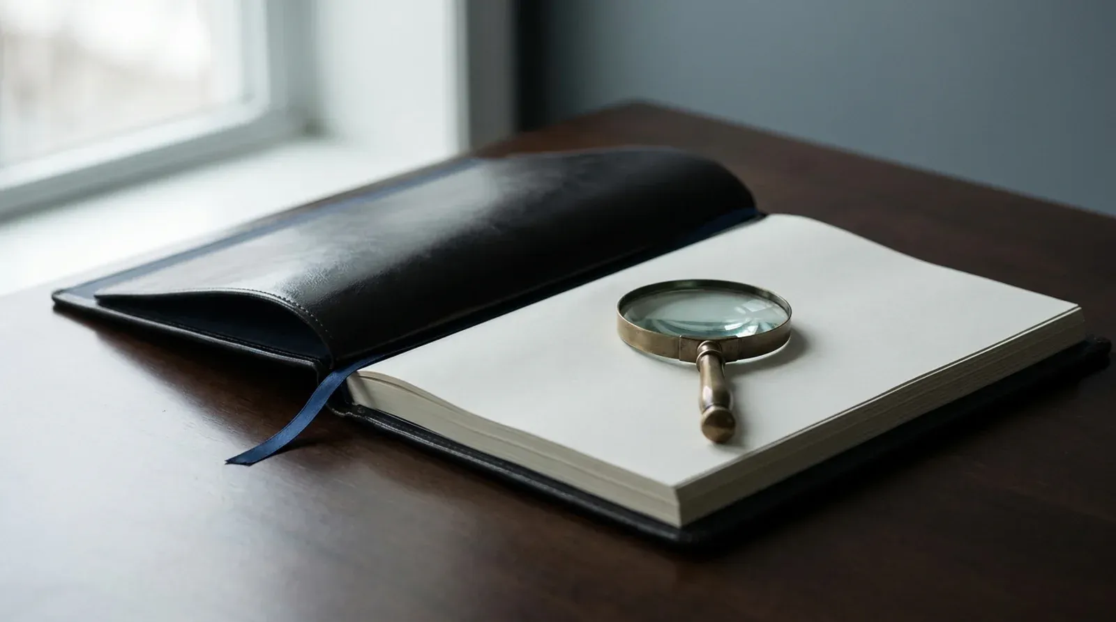 Loupe en laiton posée sur les pages vierges d’un carnet relié de cuir noir, ouvert sur un bureau sombre.