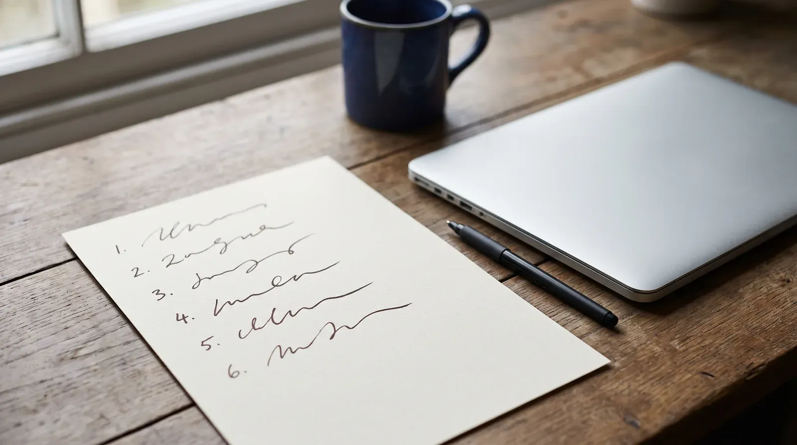 Feuille posee sur un bureau en bois pres d une fenetre, portant une liste manuscrite de six points numerotes, a cote d un ordinateur portable ferme et d un stylo.