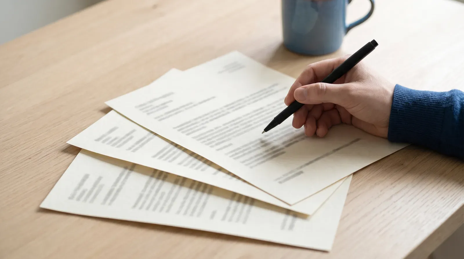 Trois documents imprimes etales en eventail sur une table claire, une main tenant un stylo au-dessus du premier, prete a comparer les postes.