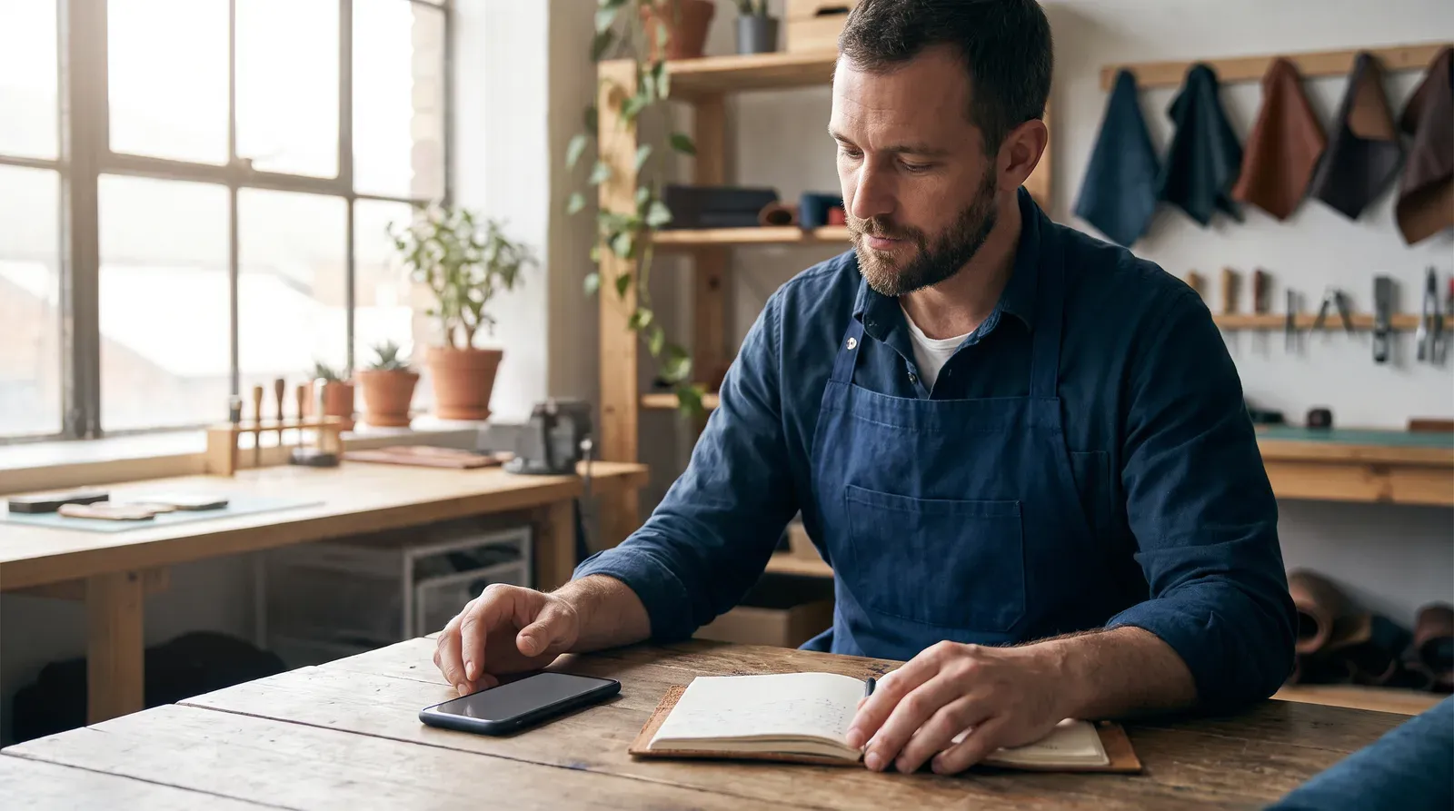 Artisan attable dans son atelier de maroquinerie, un carnet ouvert et un telephone devant lui, en train de cadrer lui-meme son projet de site.