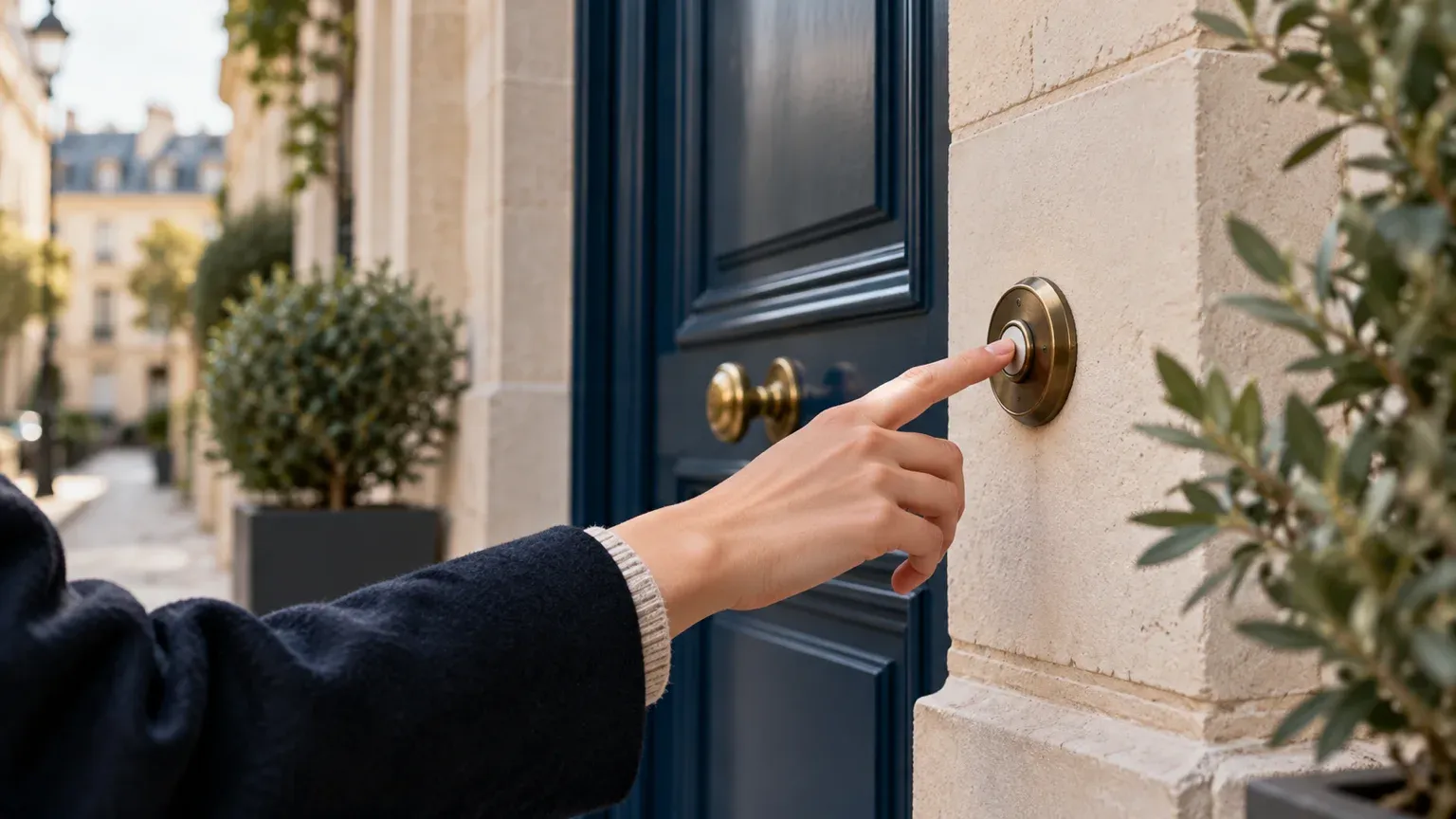 Une main s’apprête à appuyer sur la sonnette en laiton d’une porte d’entrée bleu nuit, image d’un bouton d’action qui annonce clairement ce qui se passe après le clic.