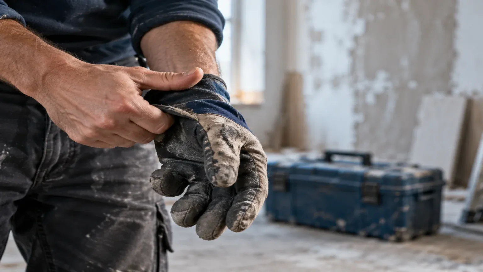 Un artisan retire son gant de travail sur un chantier, rappel qu’un bouton d’action sur un site internet doit être assez grand pour être touché du pouce.