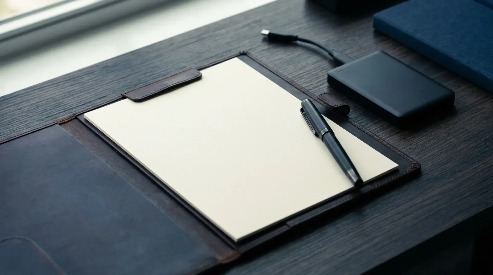 Feuille vierge dans un porte-document en cuir, stylo posé dessus et disque dur externe relié par un câble, sur un bureau en bois sombre.