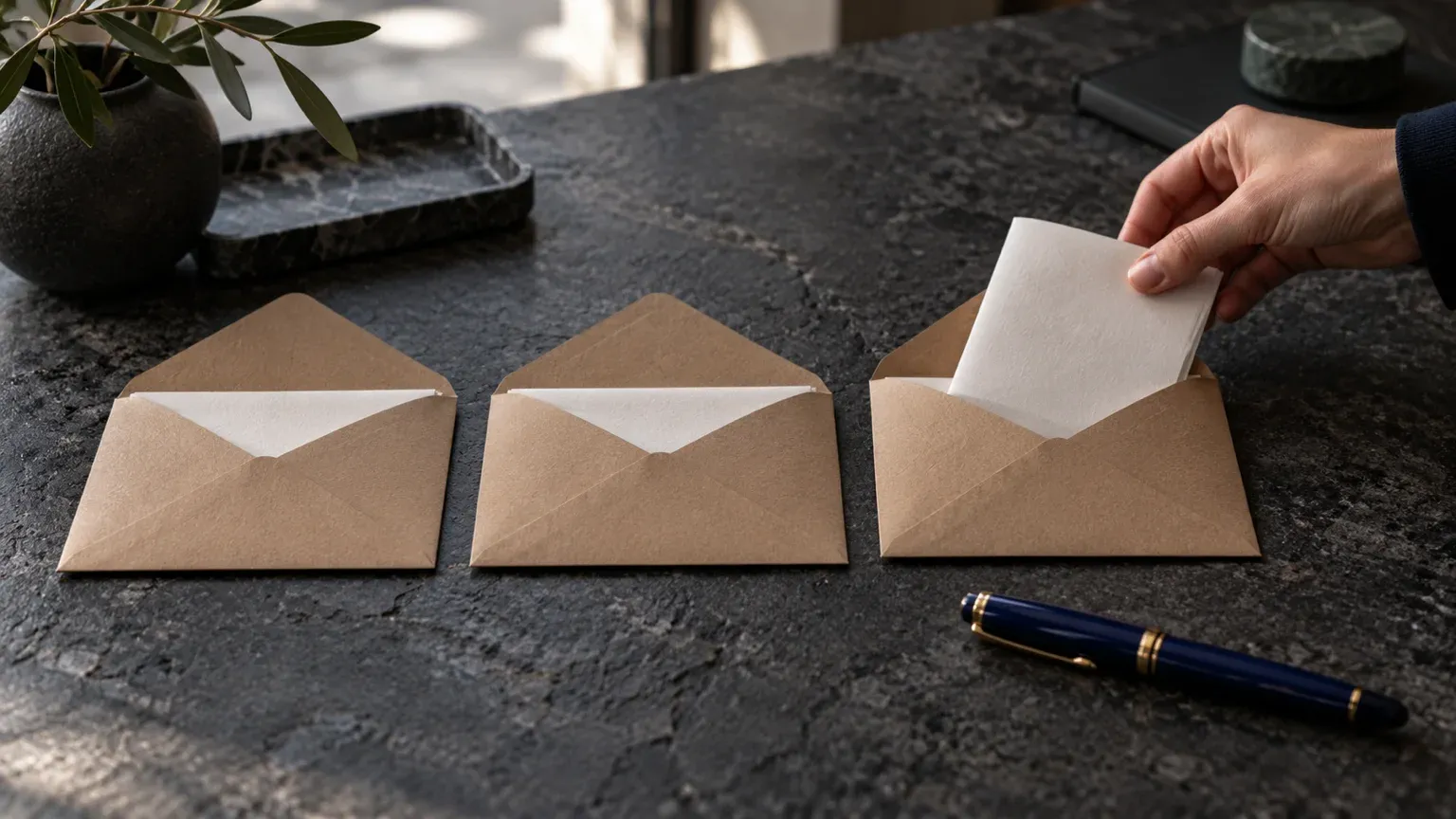 Trois enveloppes kraft identiques posées sur un bureau en pierre sombre ; une main glisse une feuille vierge dans la troisième, comme un même brief envoyé à trois agences.