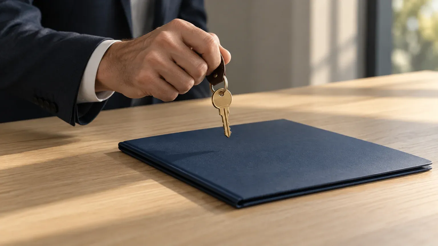 Une main tient une clé en laiton au-dessus d’un dossier bleu nuit fermé, posé sur un bureau en chêne clair : garder seul les accès à son nom de domaine.