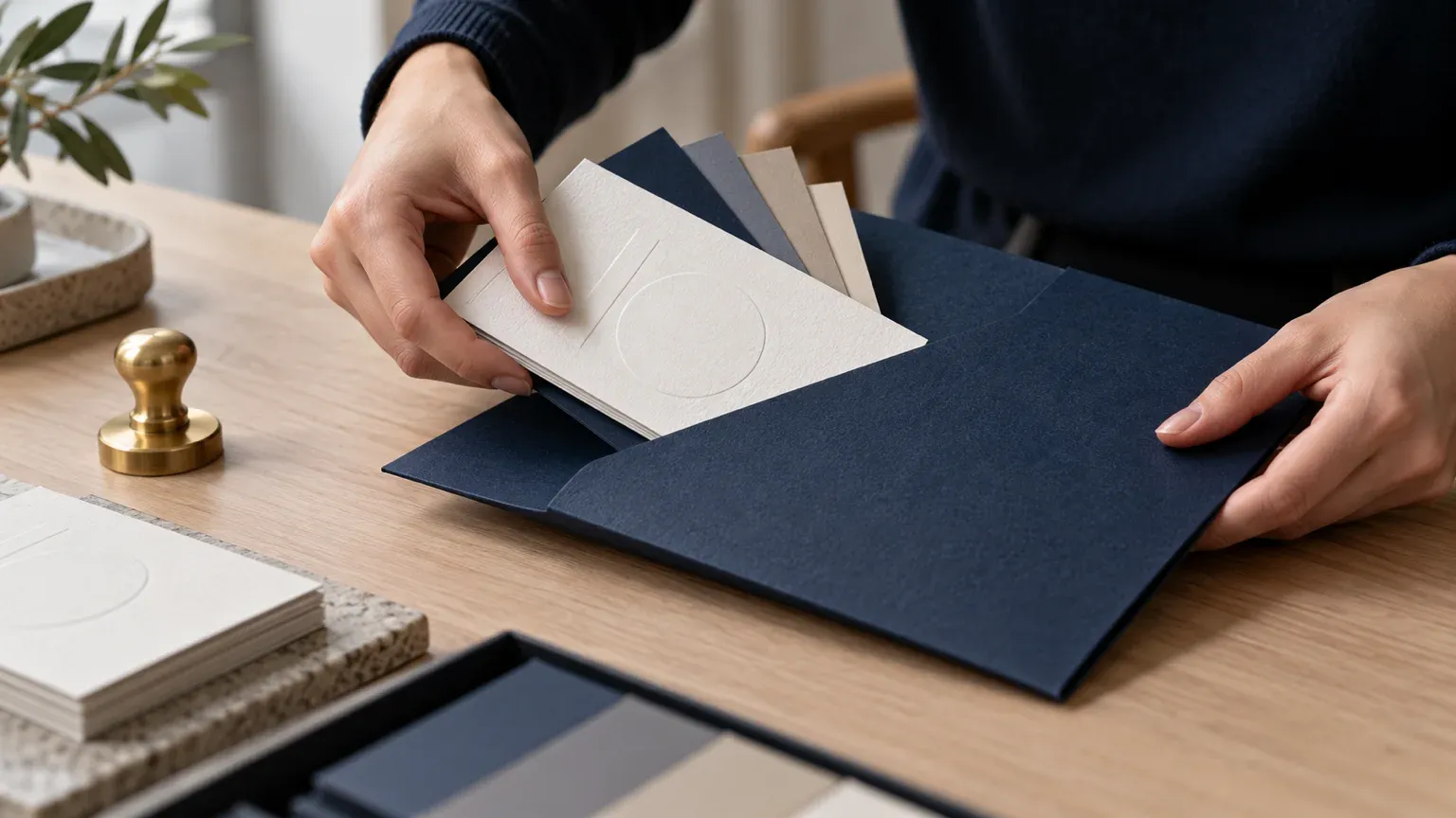 Mains d’une graphiste qui rangent des cartes gaufrées et des nuanciers dans une chemise bleu nuit, au moment de remettre le logo et ses fichiers sources à l’entreprise qui en devient propriétaire.
