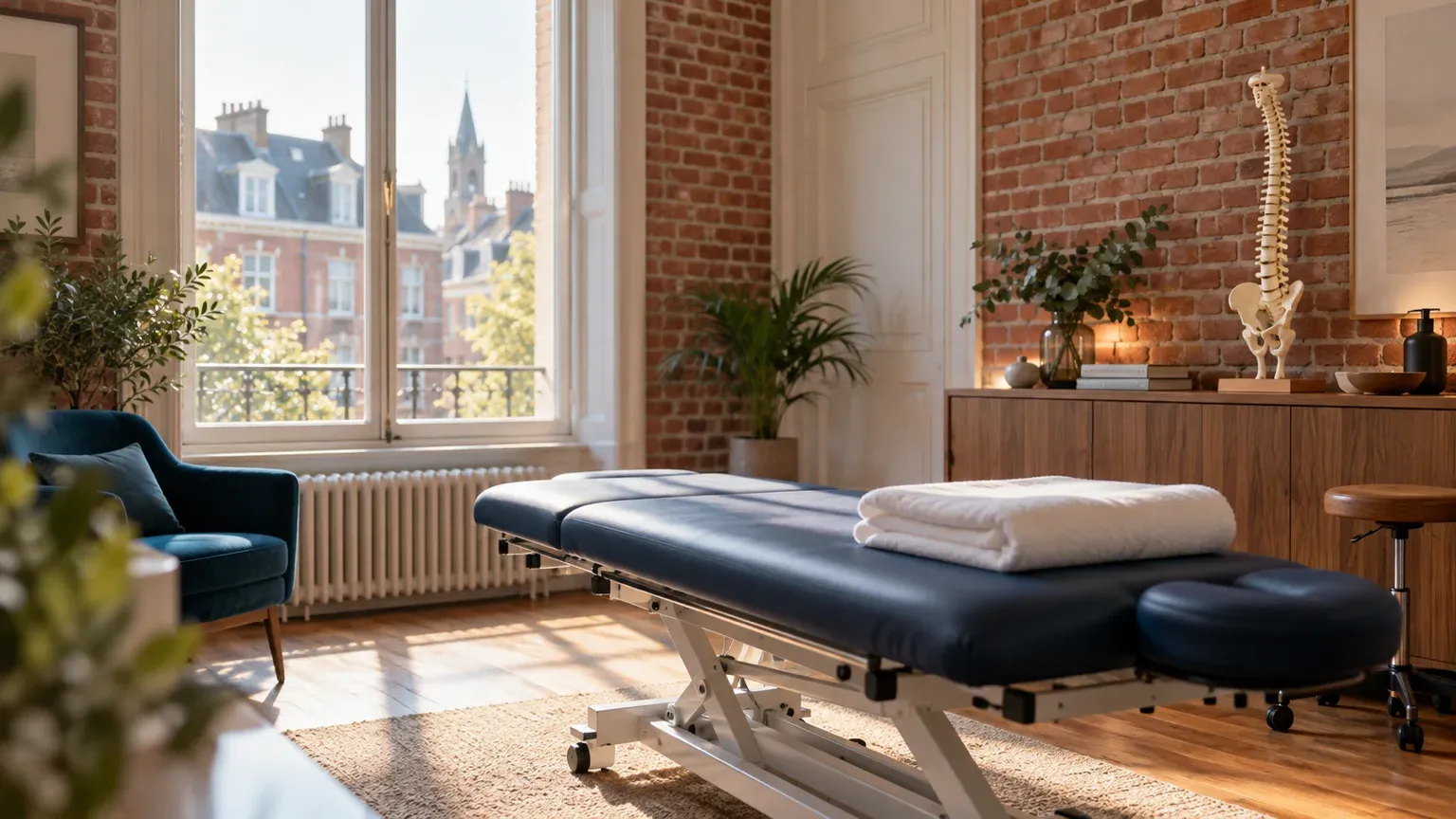 Salle de soins d’un cabinet d’ostéopathie dans une maison de briques du Nord, table vide et lumière du matin, pour un praticien qui lance son premier site avec un nom de domaine et des mentions légales à son nom.