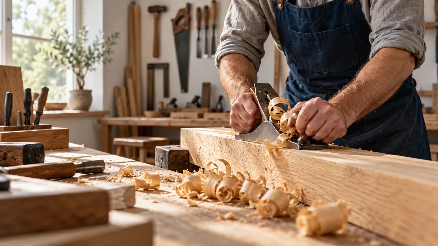 Mains d’un menuisier en tablier bleu rabotant une planche de chêne dans un atelier lumineux, à l’image d’une TPE dont le nom de domaine reprend simplement le nom de l’entreprise.