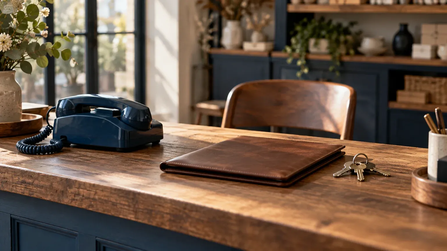 Comptoir en bois avec un téléphone fixe bleu nuit, un porte-documents en cuir fermé et un trousseau de clés, pour rappeler que le titulaire d’un nom de domaine en .fr doit rester joignable.