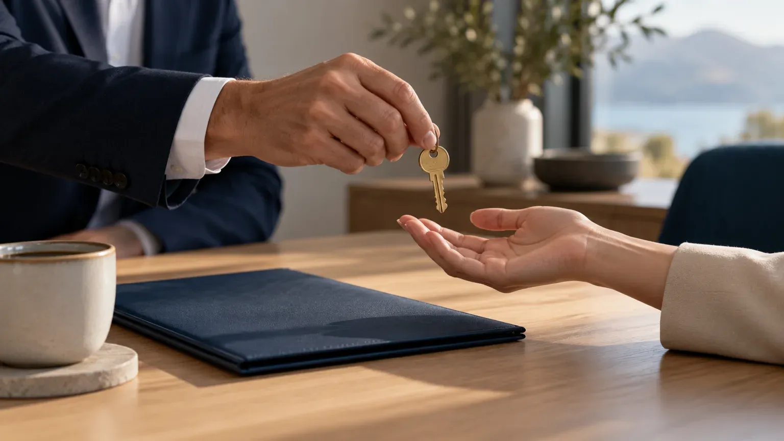 Une main tend une clé à une autre au-dessus d’une table en bois, image d’un nom de domaine transmis par un prestataire à l’entreprise qui l’utilise.