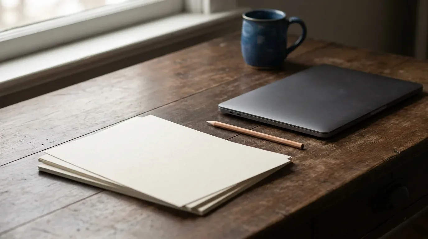Bureau en bois avec des feuilles vierges, un crayon et un ordinateur portable fermé, illustrant les étapes à préparer avant de créer un site internet.