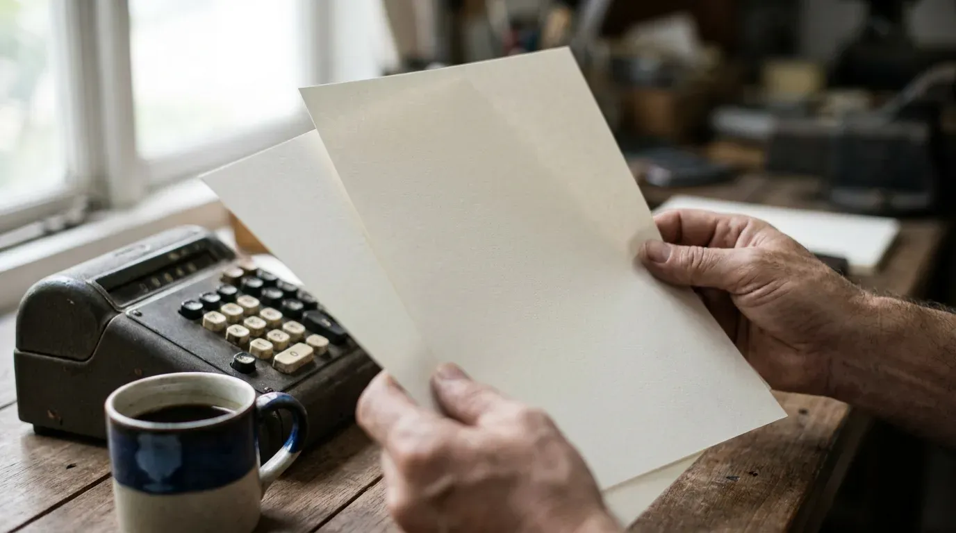 Un professionnel compare deux feuilles papier au-dessus d’une table en bois, à côté d’une machine à calculer, en écho au budget de création d’un site internet.