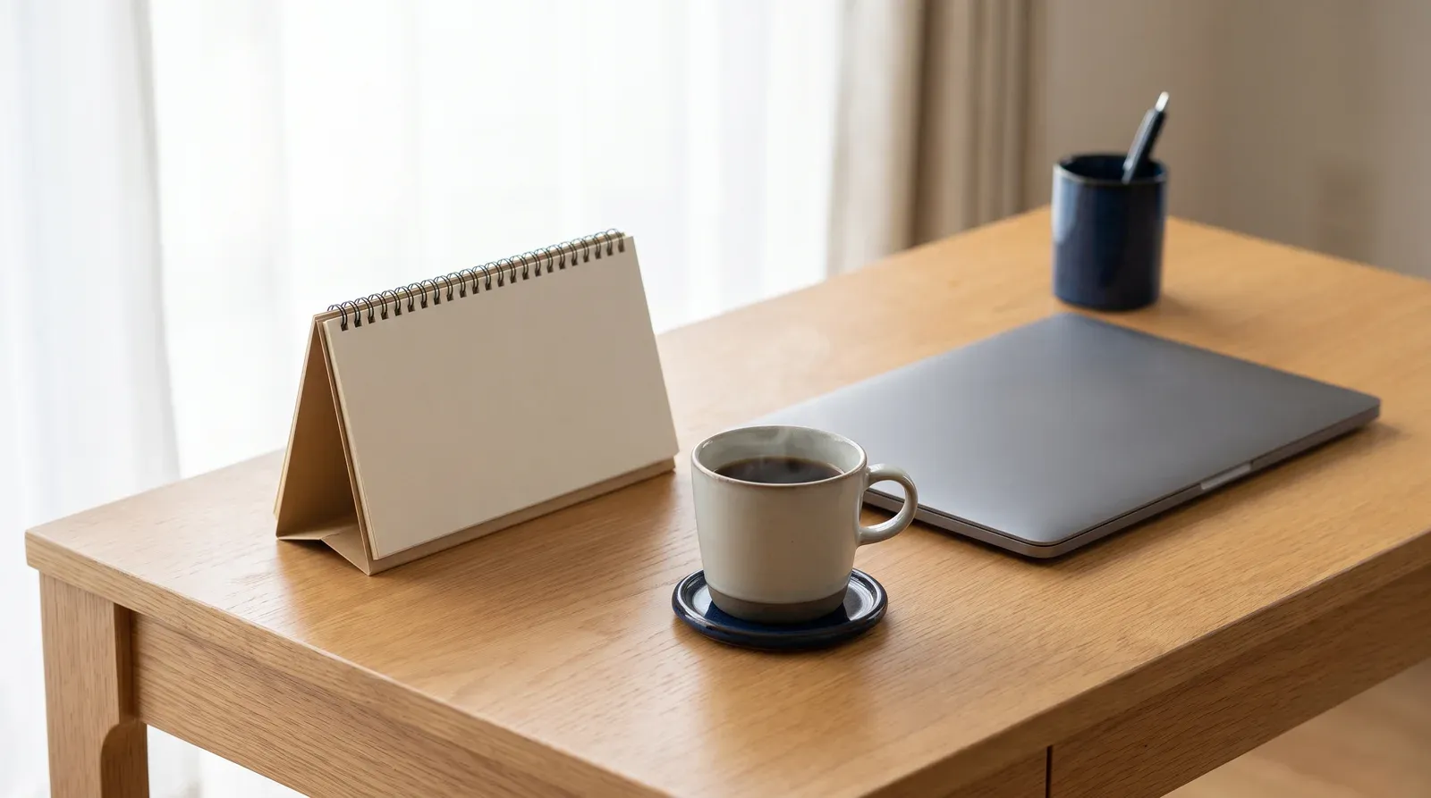 Calendrier de bureau vierge, tasse de café et ordinateur portable fermé sur un bureau en bois clair, image des délais d’indexation d’un nouveau site.