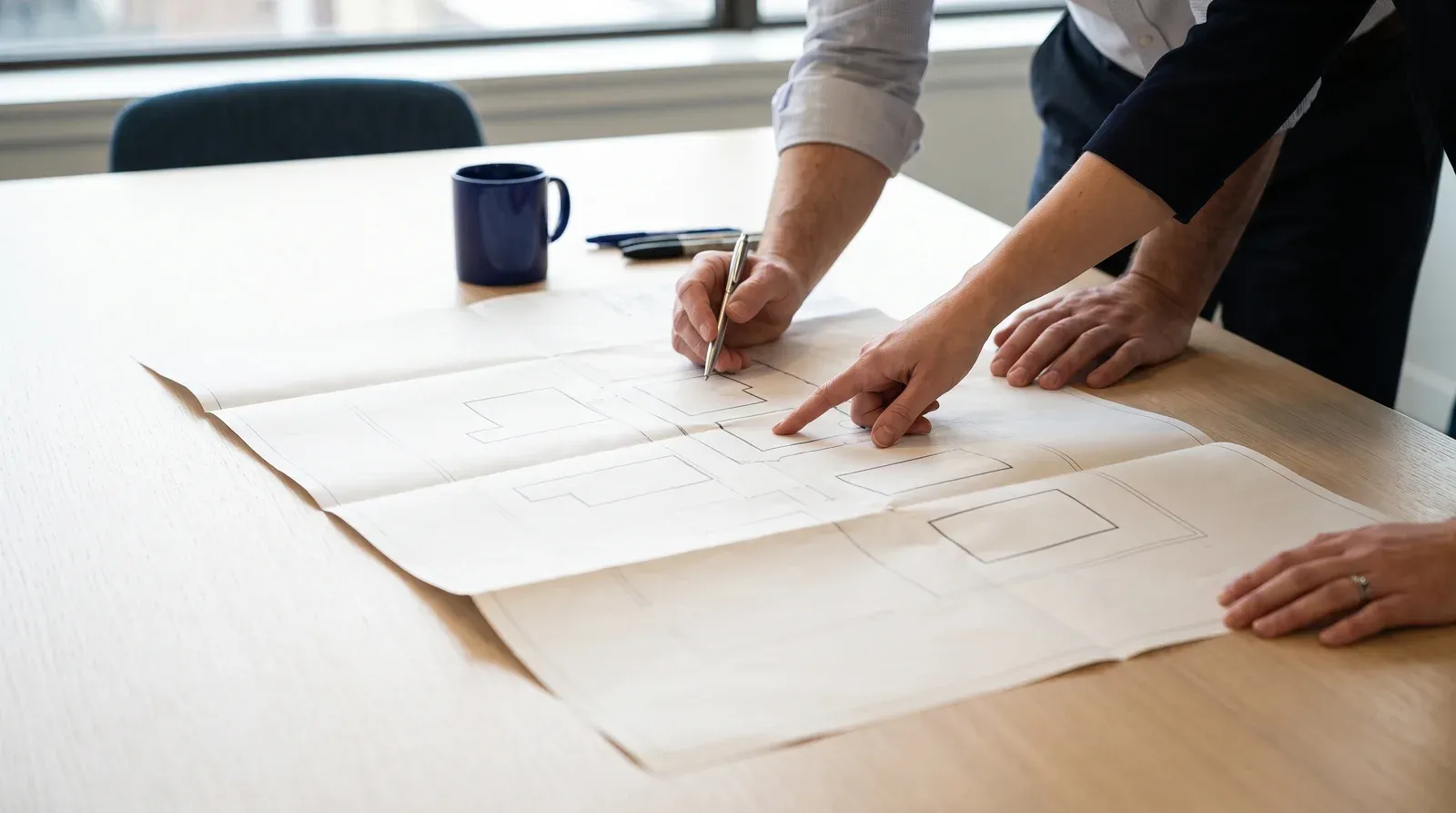Deux personnes penchées sur des plans imprimés étalés sur une table de réunion, l’une pointe un schéma, l’autre annote au stylo, image de la coordination entre création du site et référencement.
