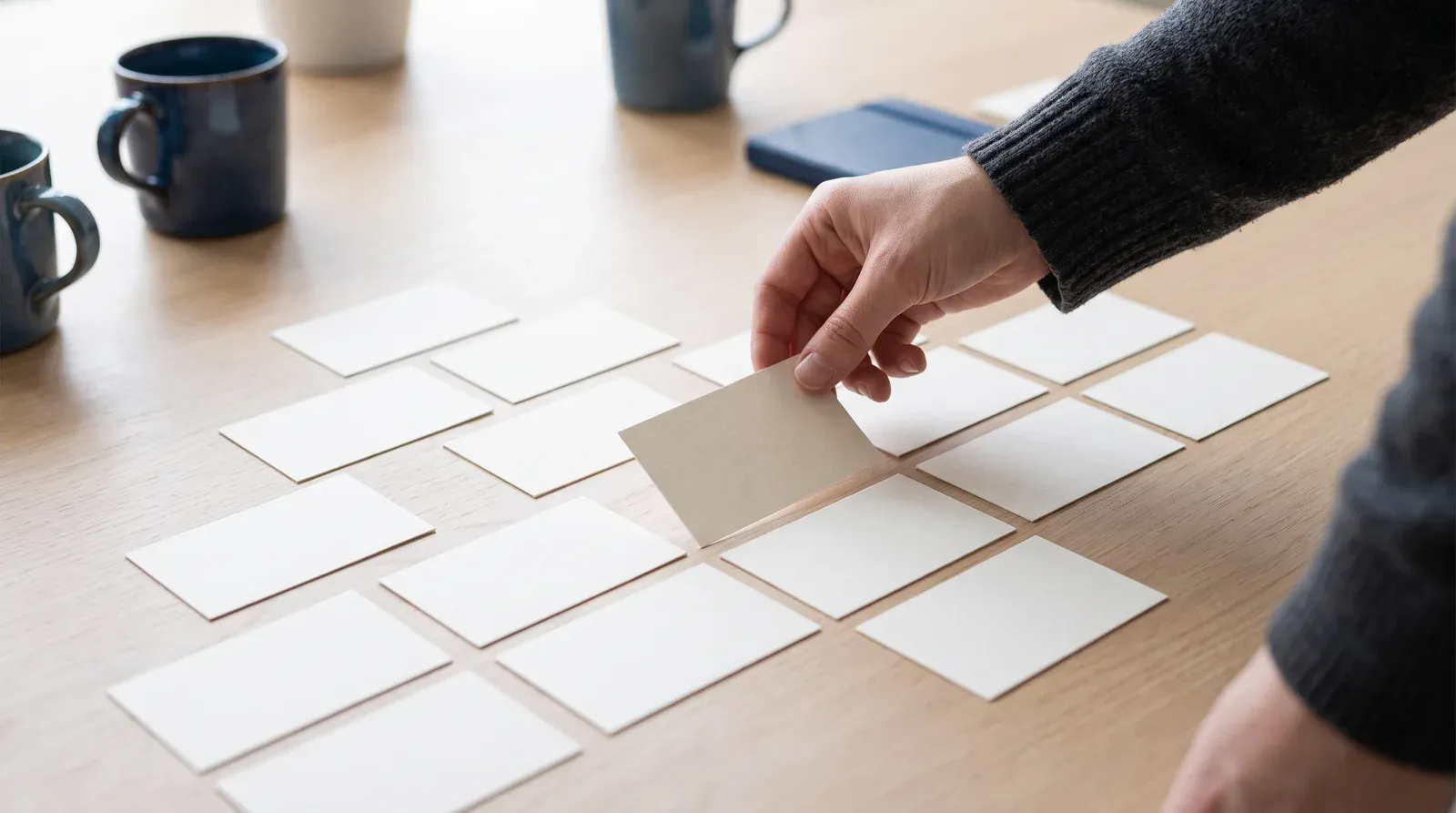 Fiches de papier vierges disposées en grille sur une table, une main en place une, image des décisions de structure et d’URLs à trancher avant la mise en ligne.