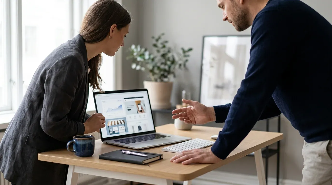 Deux personnes comparent les plateformes de boutique en ligne sur un ordinateur portable, a l etape du choix de l outil e-commerce.