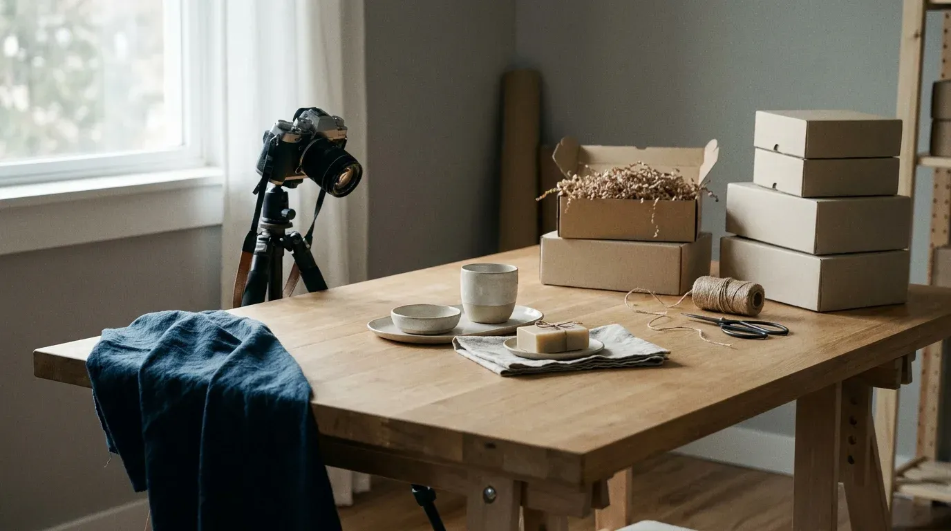 Un appareil photo sur trepied, des cartons d expedition et des produits artisanaux disposes sur une table en bois, illustrant la preparation du catalogue avant le lancement d une boutique en ligne.