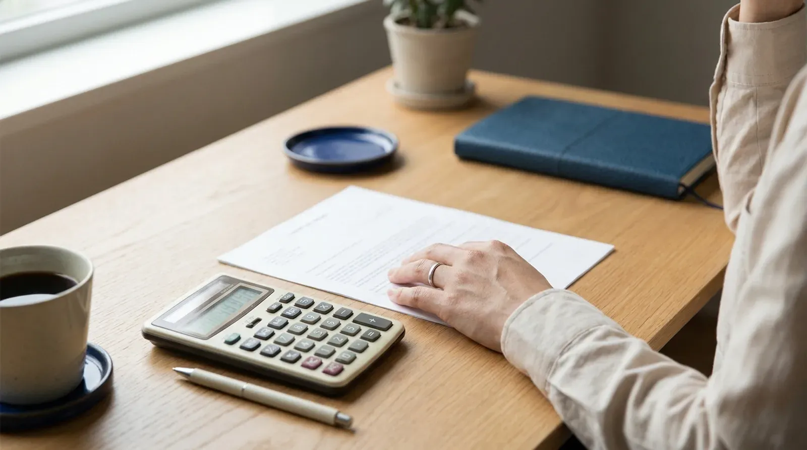 Devis imprimé posé sur un bureau en bois à côté d’une calculatrice, d’un stylo et d’une tasse de café, une main posée sur la page.