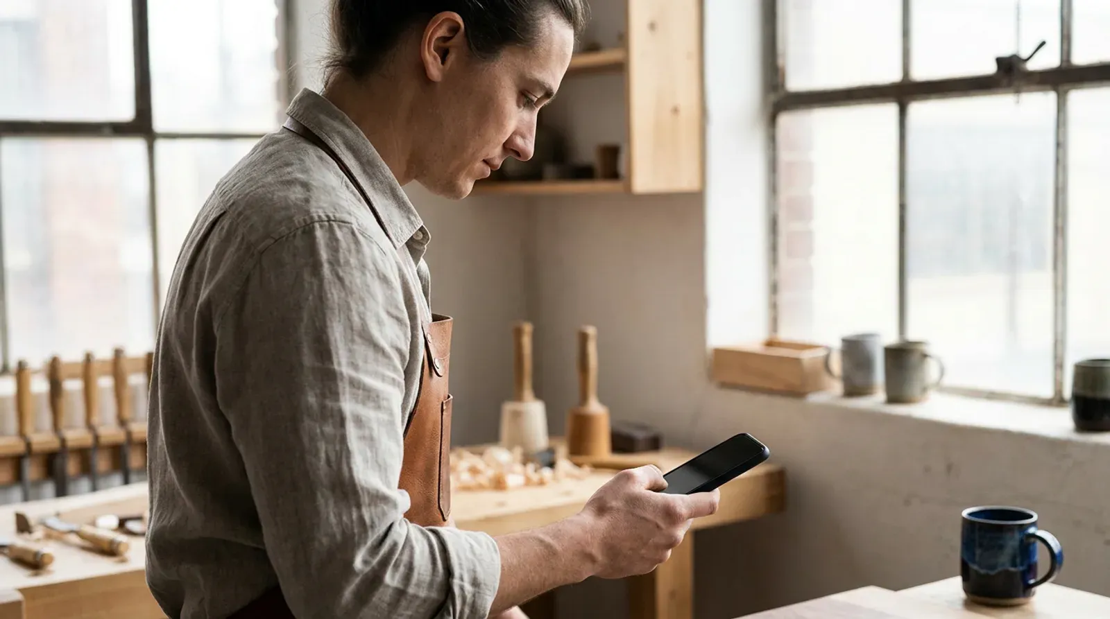 Artisan dans son atelier lumineux consultant son téléphone, écran éteint, outils en arrière-plan.