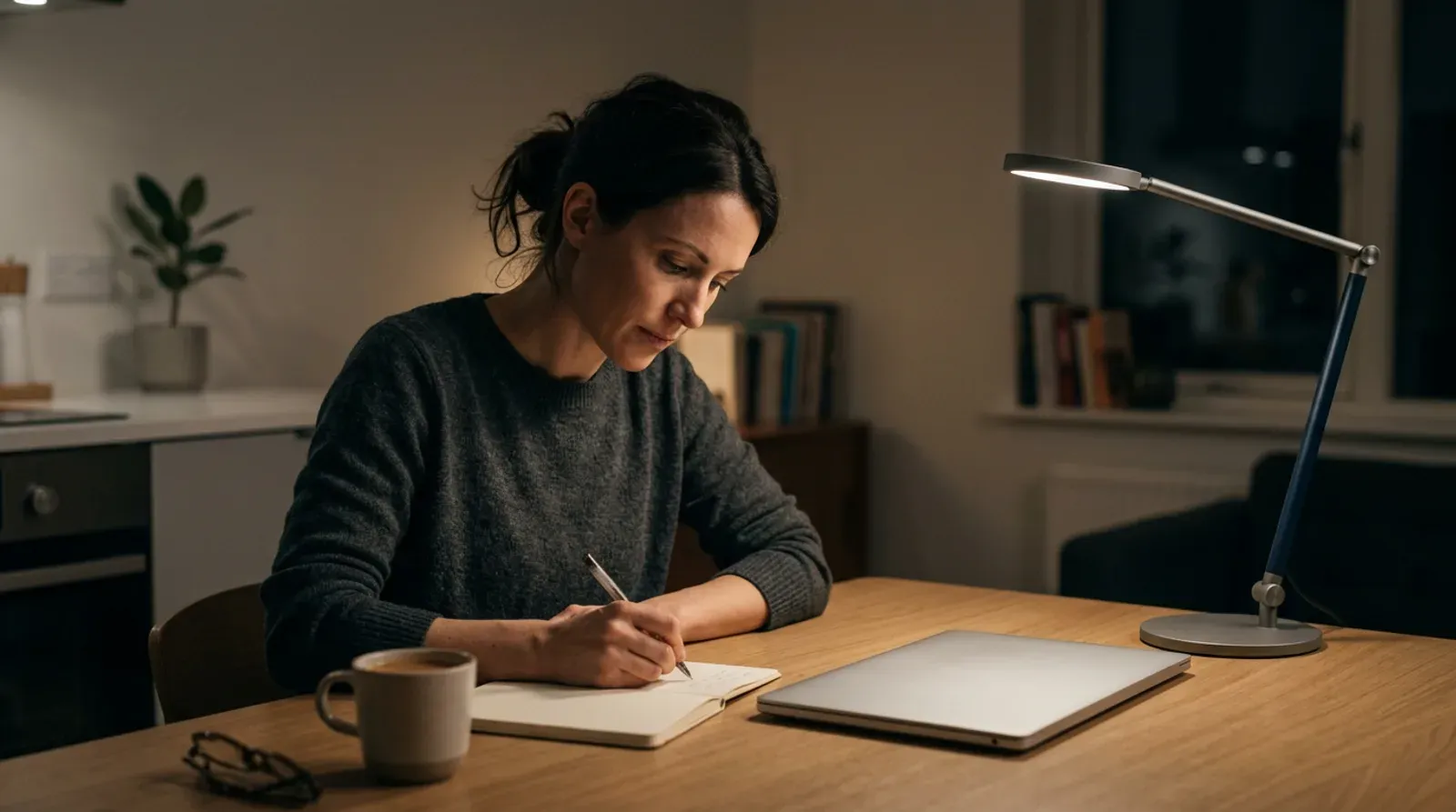 Dirigeante écrivant à la main dans un carnet, le soir à la table de sa cuisine, ordinateur portable fermé posé à côté.
