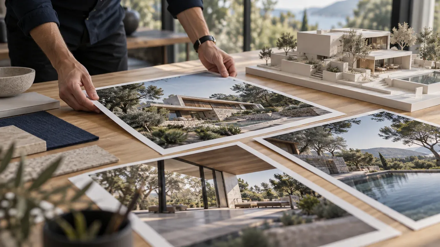 Mains d’un architecte disposant sur une table en chêne des tirages photo d’une villa contemporaine, à côté de la maquette blanche du projet.
