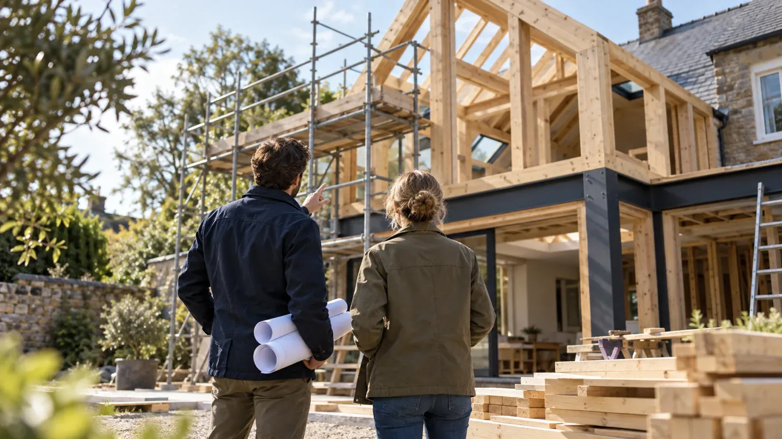 Un architecte, plans roulés sous le bras, et une propriétaire devant l’extension à ossature bois d’une maison en pierre, en chantier.