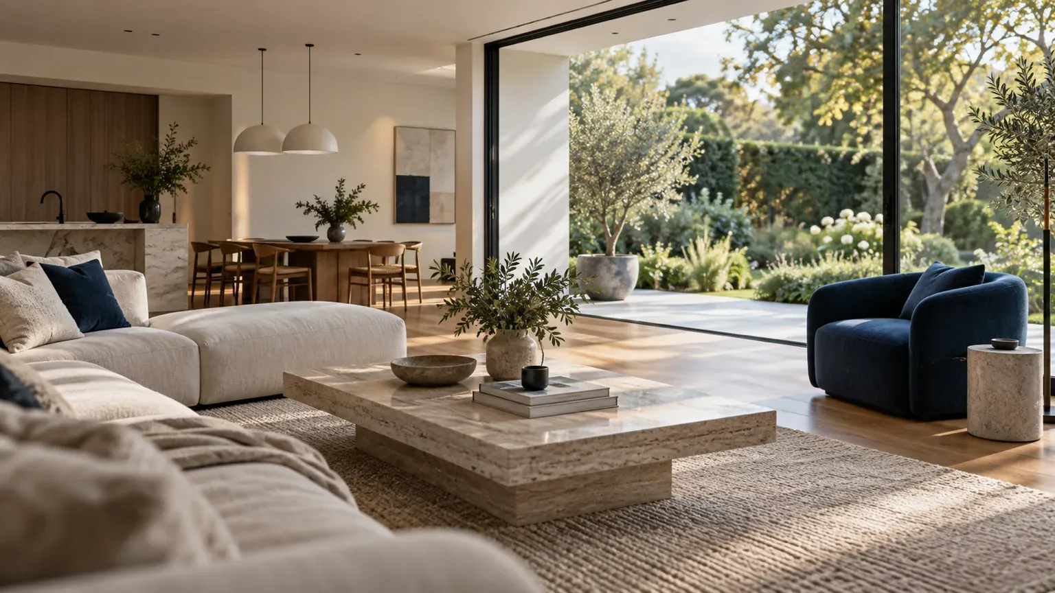 Séjour contemporain ouvert sur un jardin par une grande baie vitrée, avec un fauteuil bleu nuit près de la fenêtre.