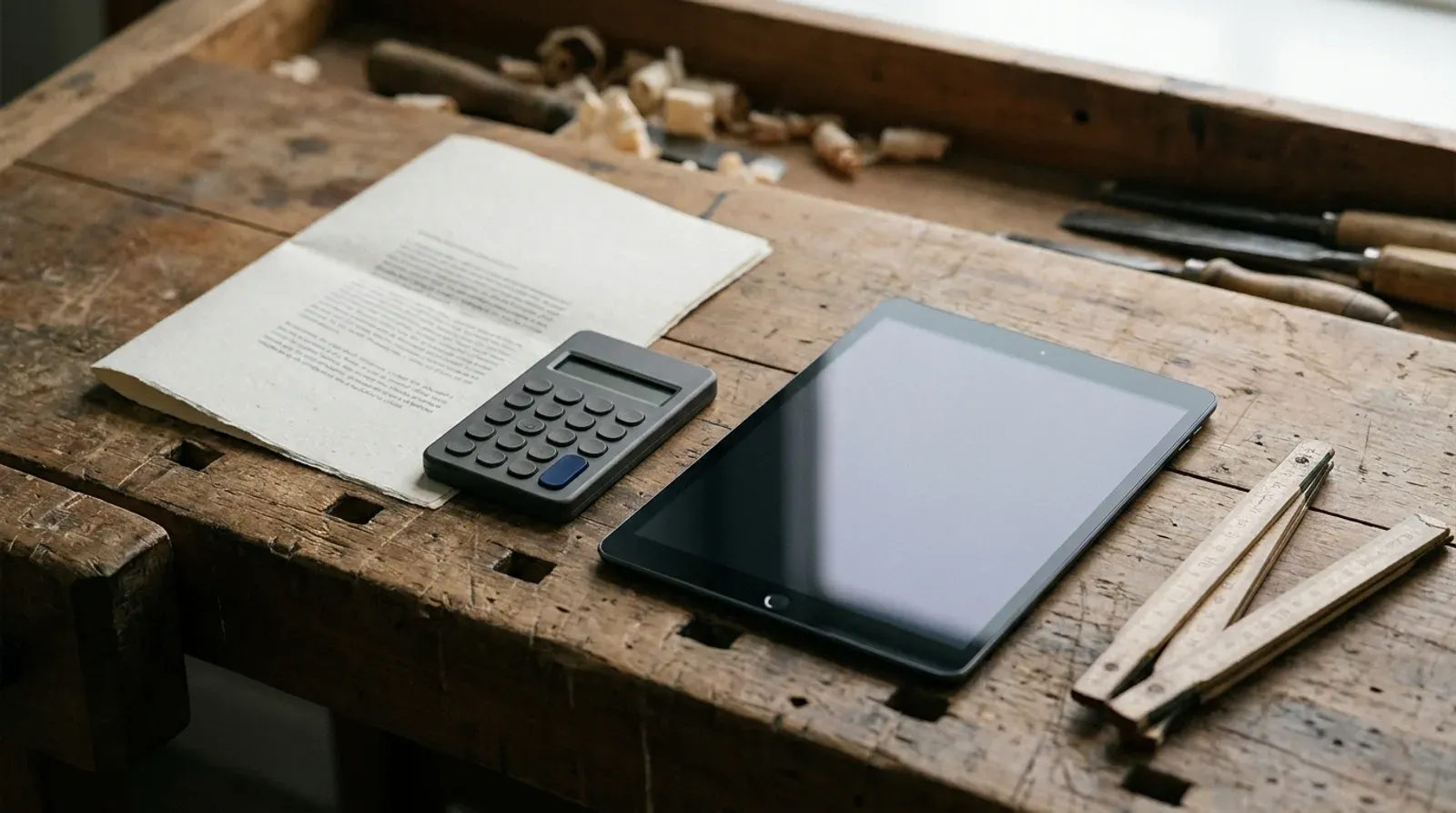 Feuille imprimée, calculatrice et tablette à écran éteint posées sur l’établi en bois d’un artisan, à côté d’un mètre pliant et de ciseaux à bois.