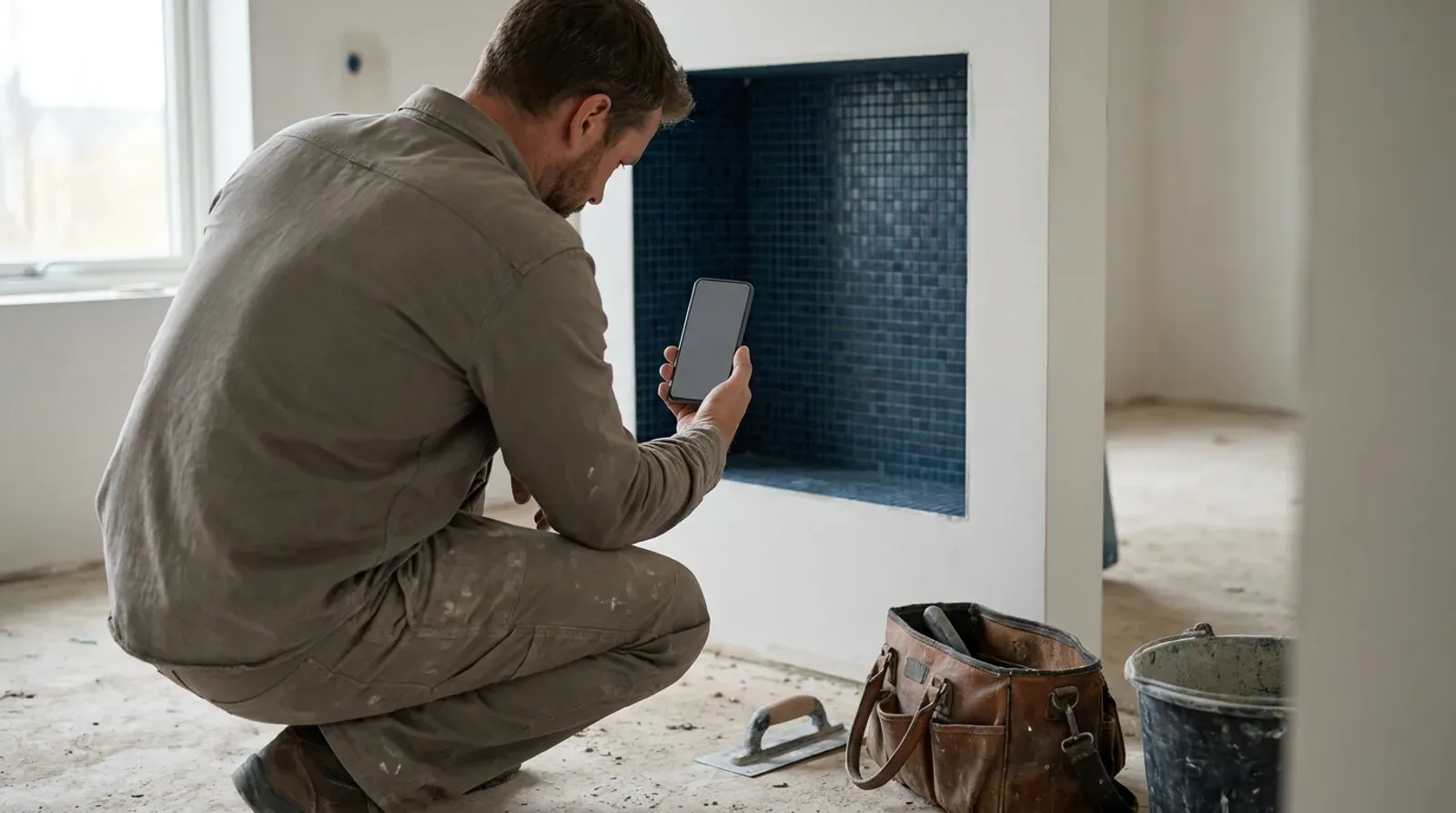 Artisan accroupi de dos qui photographie au smartphone une niche murale fraîchement carrelée de mosaïque bleue, sac à outils en cuir posé au sol.