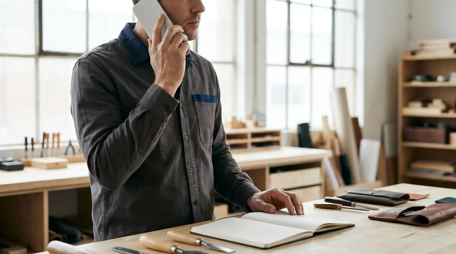 Artisan debout dans son atelier de menuiserie, téléphone à l’oreille, la main posée sur un carnet ouvert.