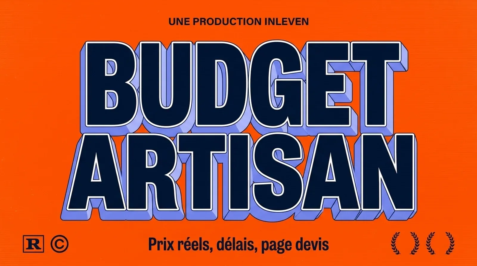 Cover 3D rétro sur aplat orange Inleven affichant le titre BUDGET ARTISAN en lettres navy à extrusion lavande, avec la ligne Prix réels, délais, page devis.