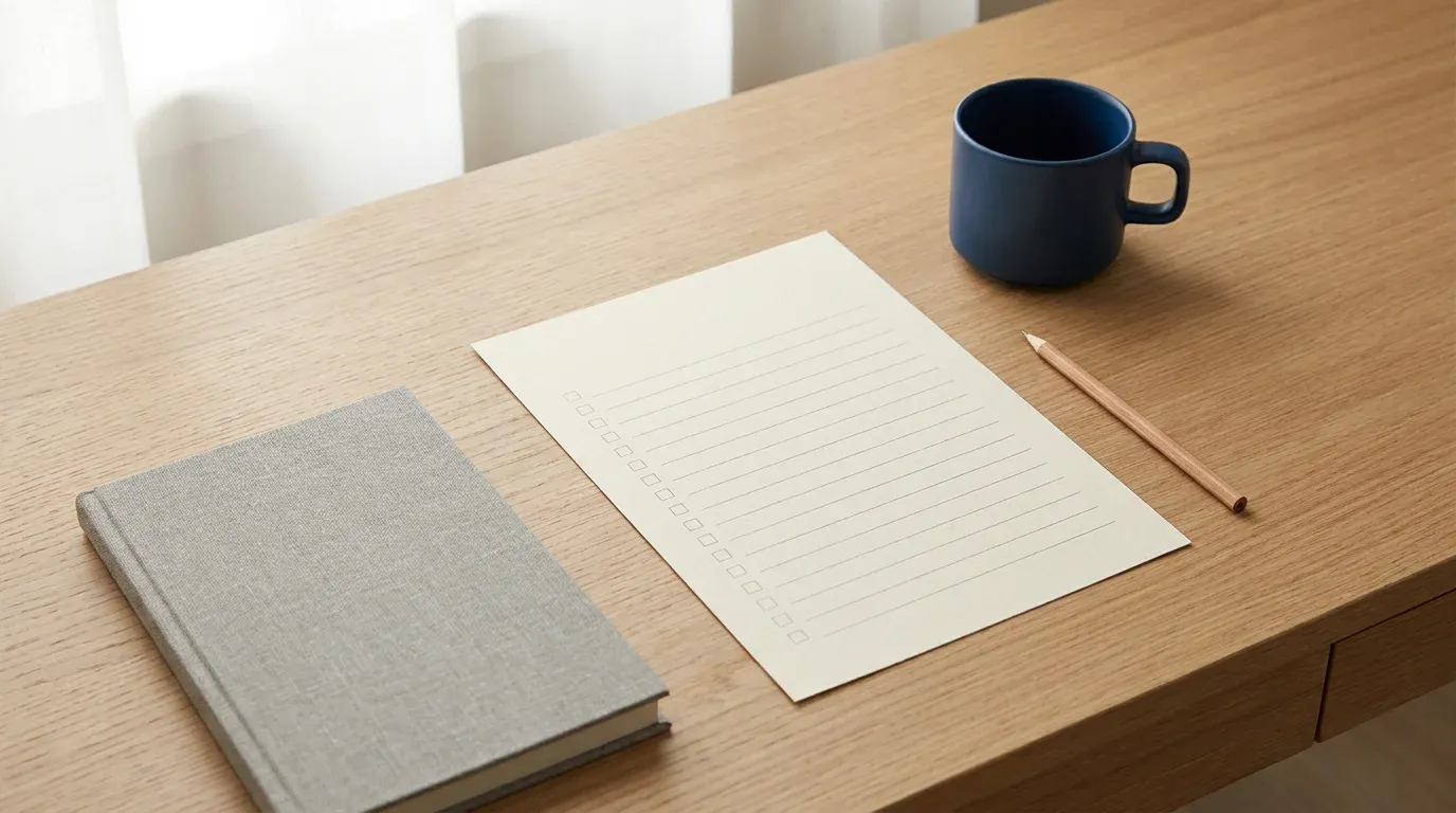 Feuille de checklist vierge, carnet ferme, crayon et mug bleu nuit poses sur un bureau en bois clair.