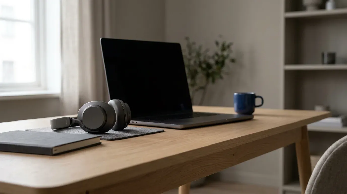 Bureau clair avec un ordinateur portable ouvert a l ecran eteint, un casque audio et un carnet, evoquant un rendez-vous a distance.