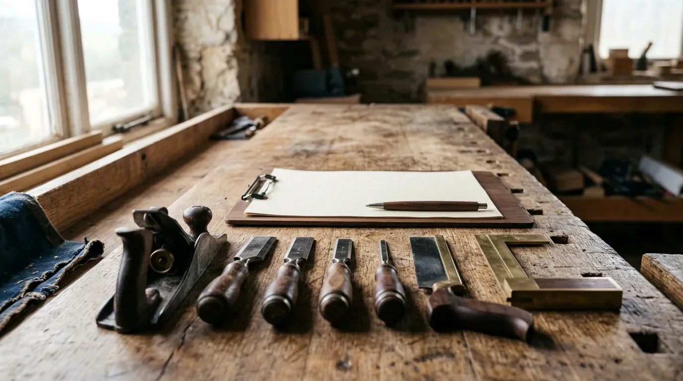 Etabli de menuisier avec des outils ranges en ligne et une feuille vierge sur un porte-bloc, pres d une fenetre.