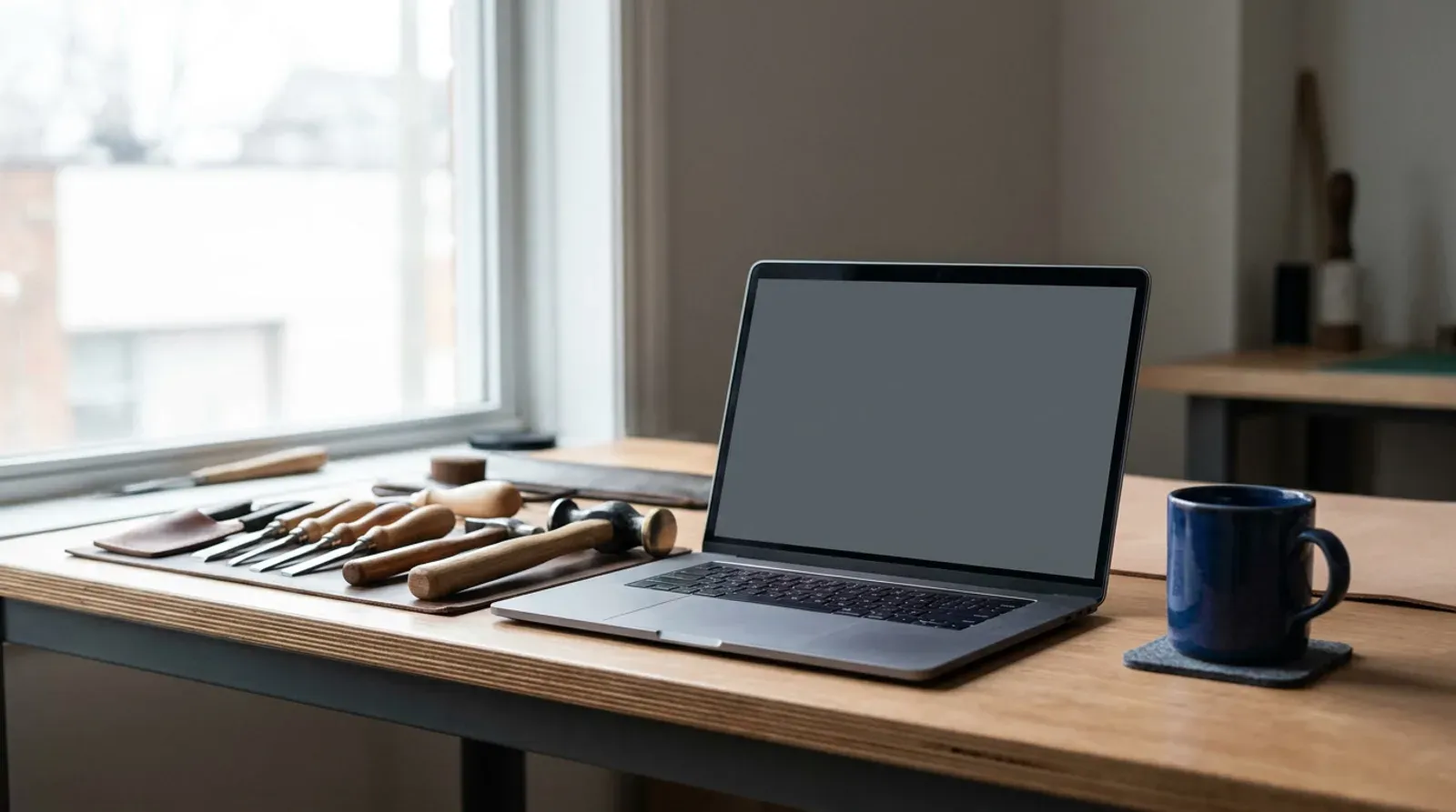 Établi en bois devant une fenêtre d’atelier, outils à main alignés sur un tapis de cuir, ordinateur portable ouvert à l’écran vide et tasse bleue posée à côté.
