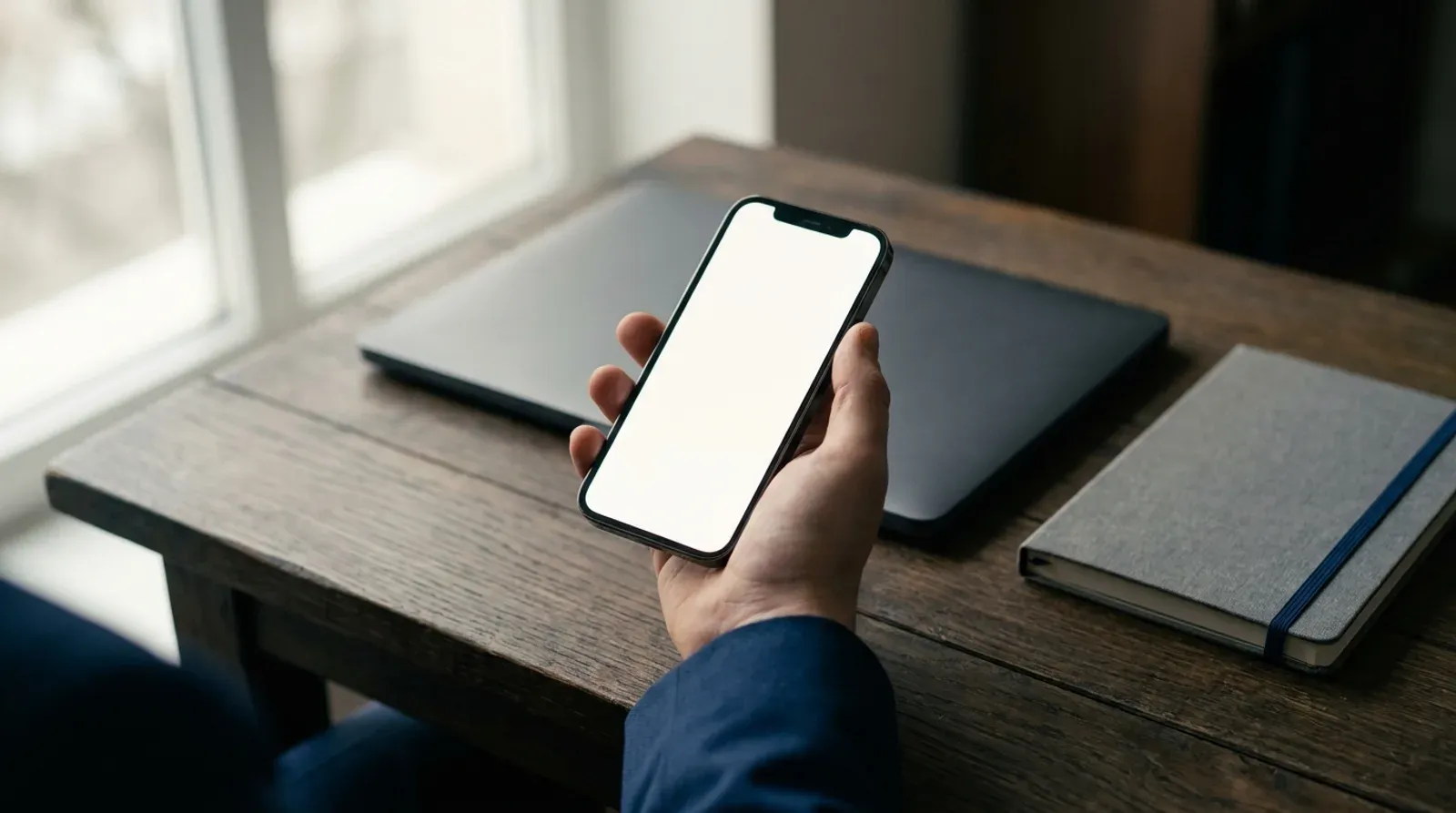 Main tenant un smartphone à l’écran blanc au-dessus d’un bureau en bois, à côté d’un ordinateur portable fermé et d’un carnet gris.