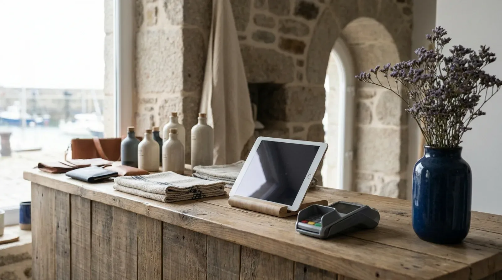 Comptoir en bois brut d’une boutique en bord de mer, avec des flacons, du linge plié, une tablette posée sur son support et un terminal de paiement.