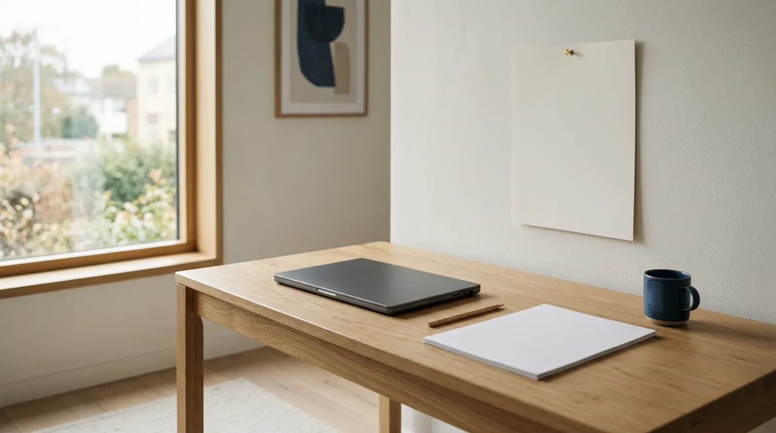 Bureau clair près d’une fenêtre avec un ordinateur portable fermé, un crayon, une feuille vierge et une affiche vierge punaisée au mur.