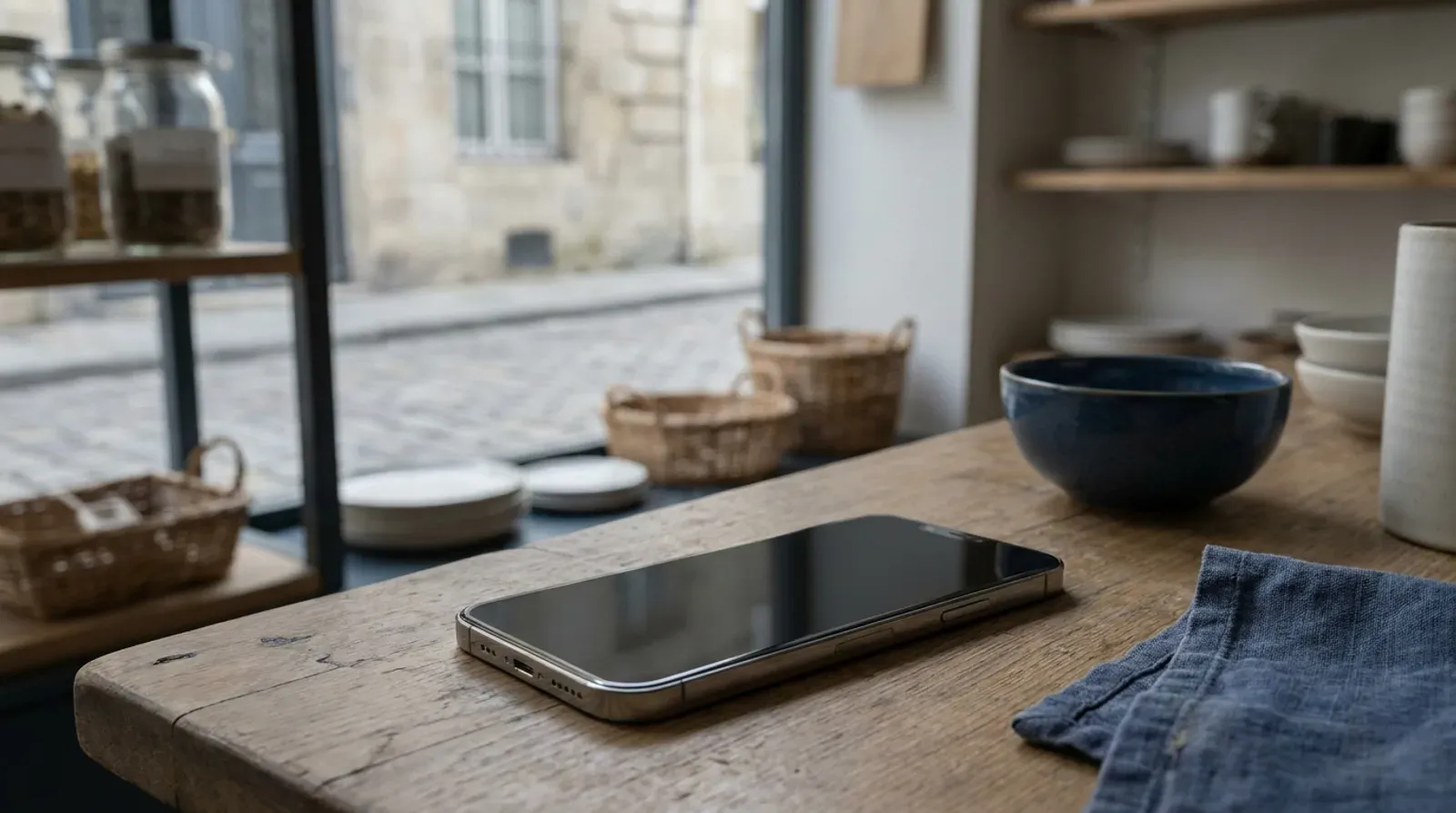 Téléphone à écran éteint posé sur le comptoir en bois d’un commerce de proximité, avec la rue pavée visible par la vitrine.