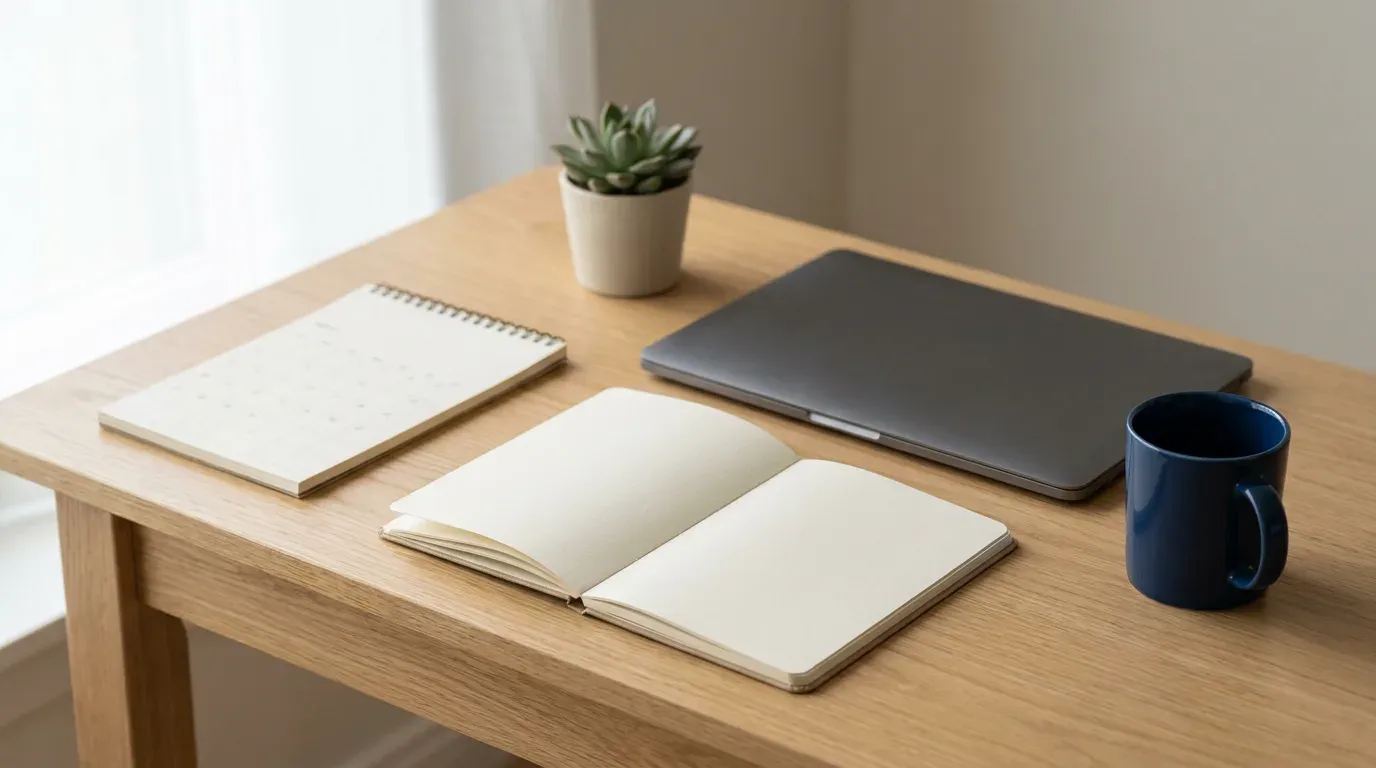 Bloc calendrier et carnet ouvert aux pages vierges posés sur un bureau en bois clair, à côté d’un ordinateur portable fermé et d’un mug, illustrant les délais de création d’un site internet.