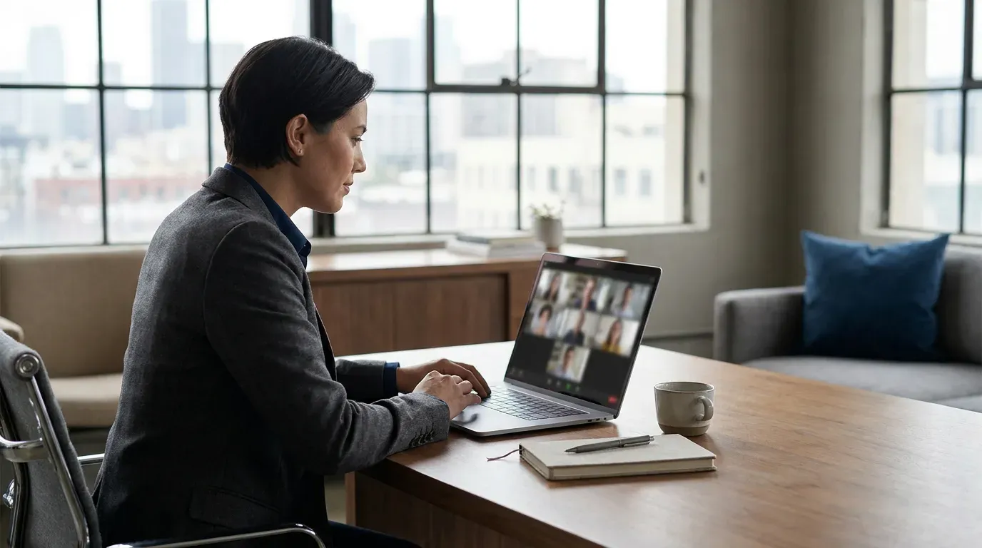 Personne en visioconférence sur un ordinateur portable dans un bureau lumineux ouvert sur la ville, illustrant le travail à distance avec un prestataire web.
