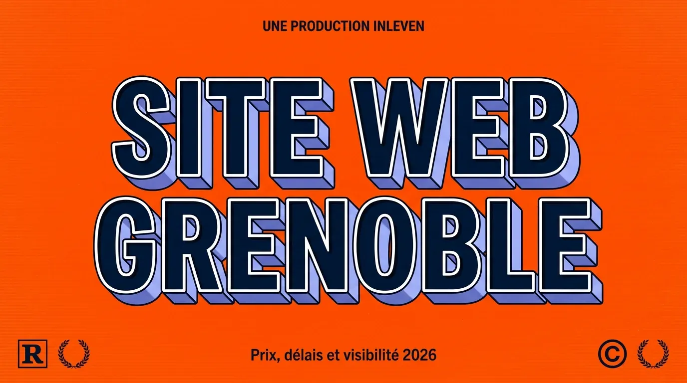 Illustration 3D rétro aux couleurs Inleven affichant le titre SITE WEB GRENOBLE au-dessus de la ligne Prix, délais et visibilité 2026.