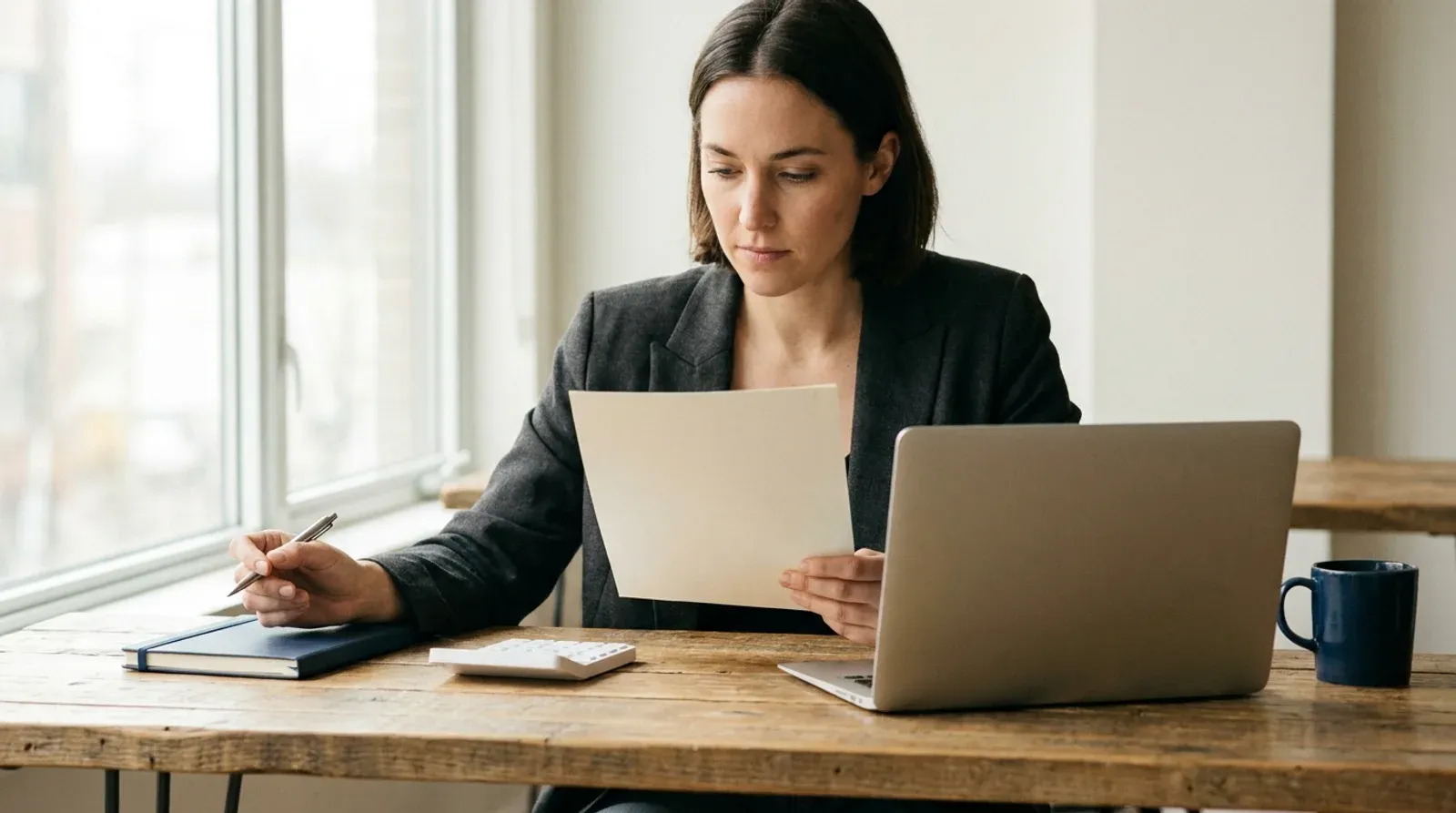 Une dirigeante relit une page imprimée à son bureau en bois, stylo à la main, carnet, calculatrice et ordinateur portable ouvert à côté, devant une fenêtre.