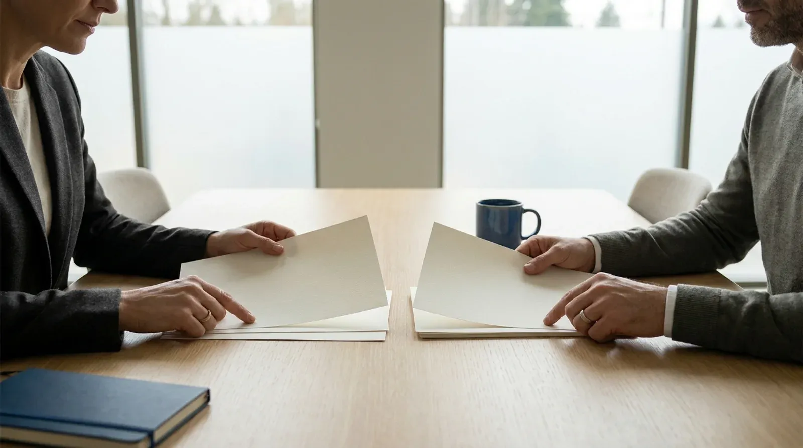 Deux professionnels assis de part et d’autre d’une table de réunion tournent les pages d’un document imprimé, mains et feuilles au premier plan.
