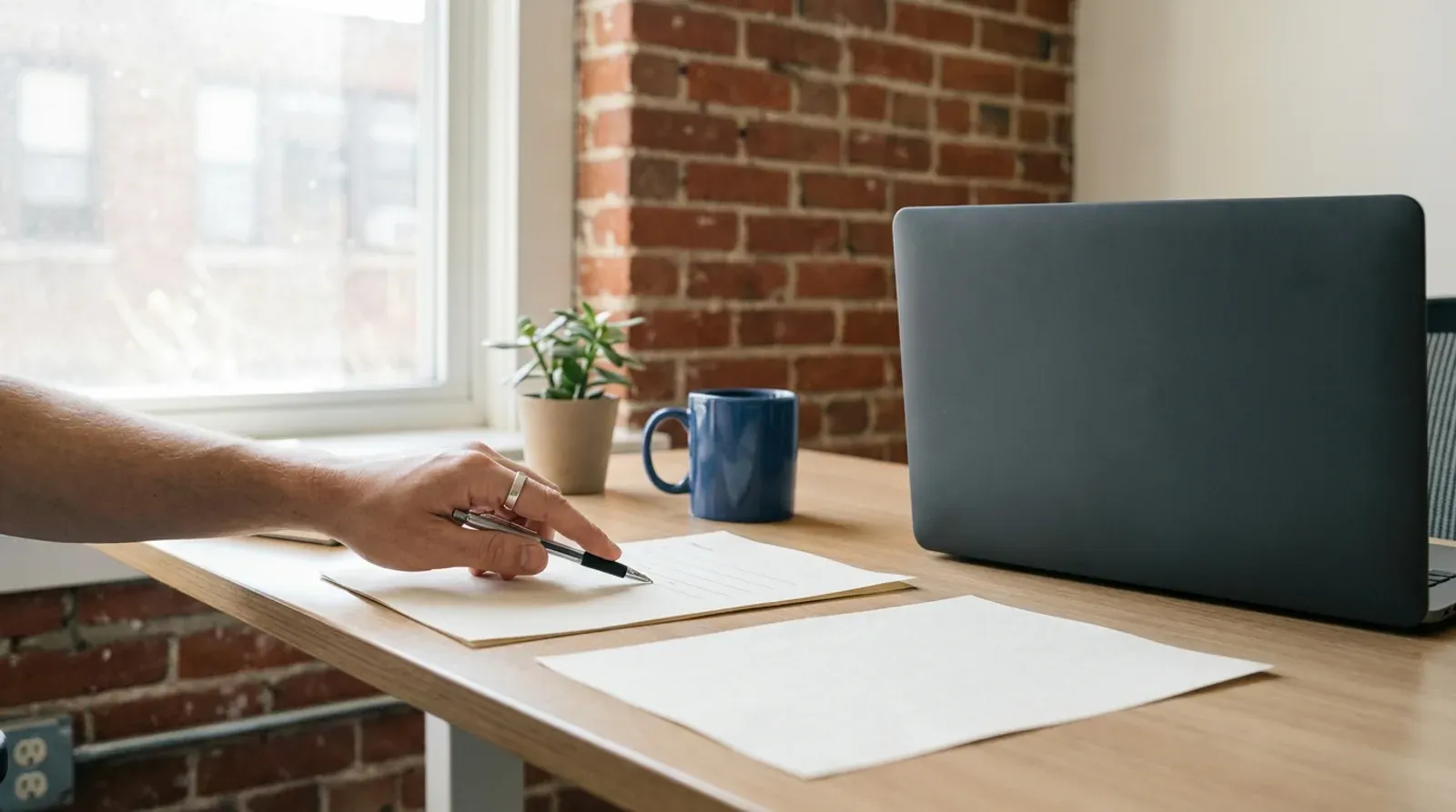 Deux feuilles de devis vierges posées sur un bureau en bois devant un mur de briques rouges, une main tenant un stylo pointe une ligne, un ordinateur portable fermé et une tasse bleue à côté